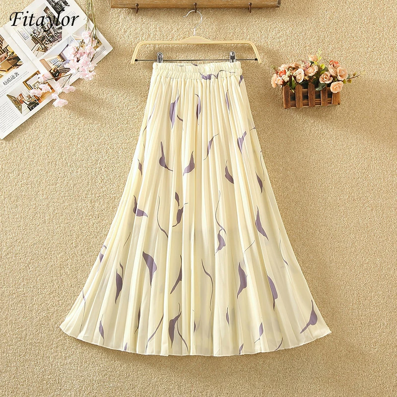 Fitaylor Летняя женская длинная Плиссированная юбка с цветочным принтом, праздничная пляжная новая шифоновая Женская юбка, повседневная женская юбка с эластичной талией