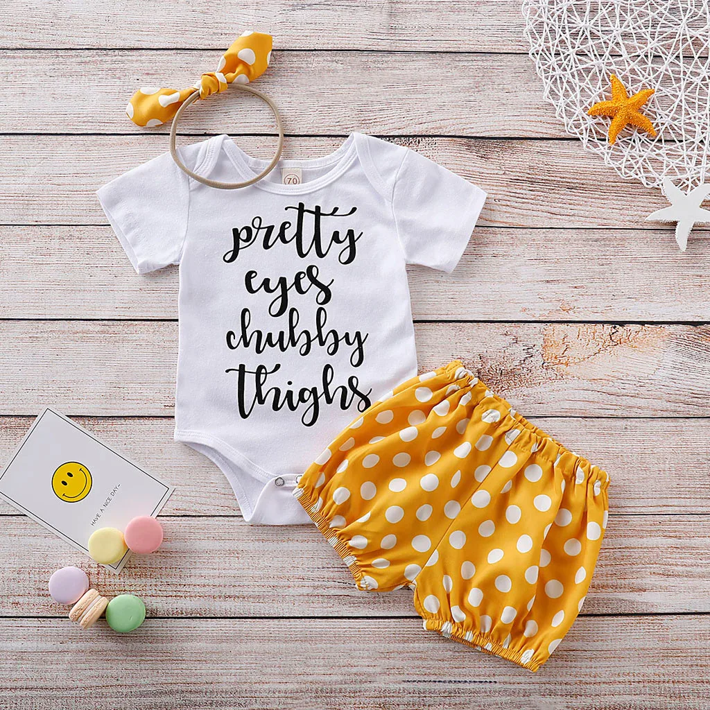

Two-piece Summer Fashion Sets Newborn Infant Baby Girls Letter Print Romper Dot PP Shorts Hair Band Outfuits Kids Girls Clothes