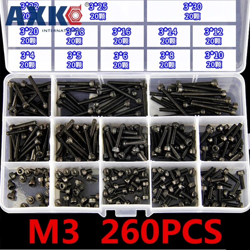 AXK 260 шт M3/M4/M5/M6/M8/M10 высокопрочные болты 12,9 Набор шестигранных винтов