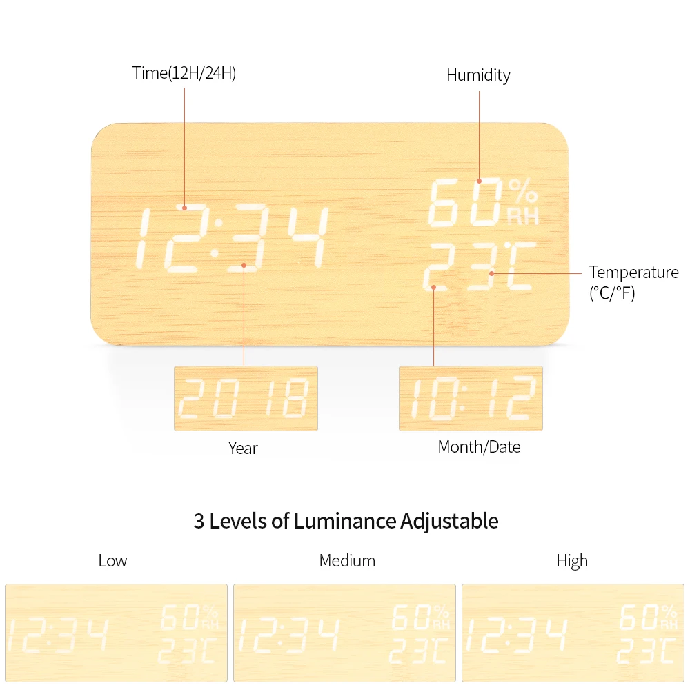 Светодиодный Деревянный Будильник, Звуковое управление, 3 будильника, цифровой будильник, USB/батарея, диммер, домашний гигрометр, термометр, настольные часы