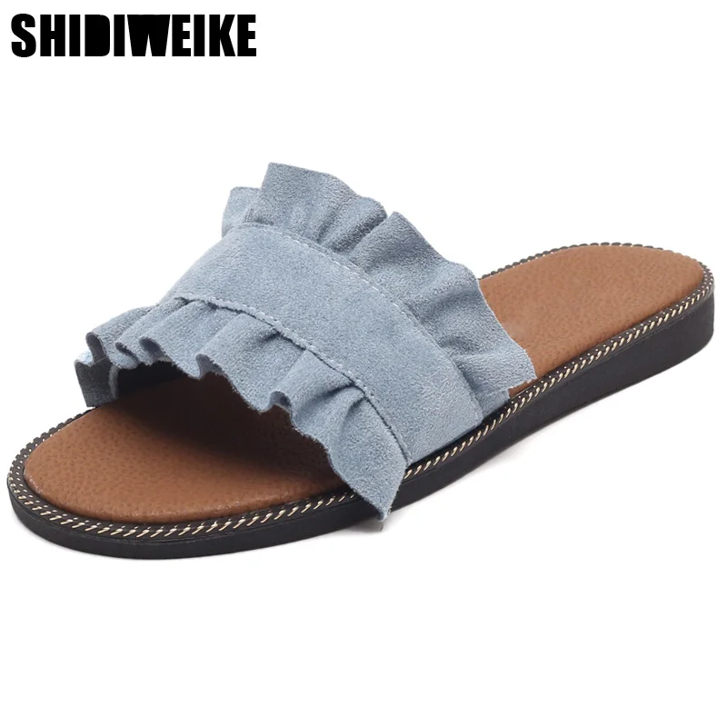 

2019 Summer Fashion Ruffles Flat Slippers Denim Canvas Black beige 3 colors Casual Outside Beach Slides Women Shoes SIZE 35--39