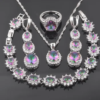 

Necklace And Earrings Set Summer New Style Rainbow Cubic Zirconia Bracelets Ring Silver Color Jewelry Set QS0574
