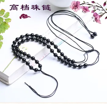 

Natural jet round bead weaving necklace with obsidian hang rope adjustable pendant rope six words men and women