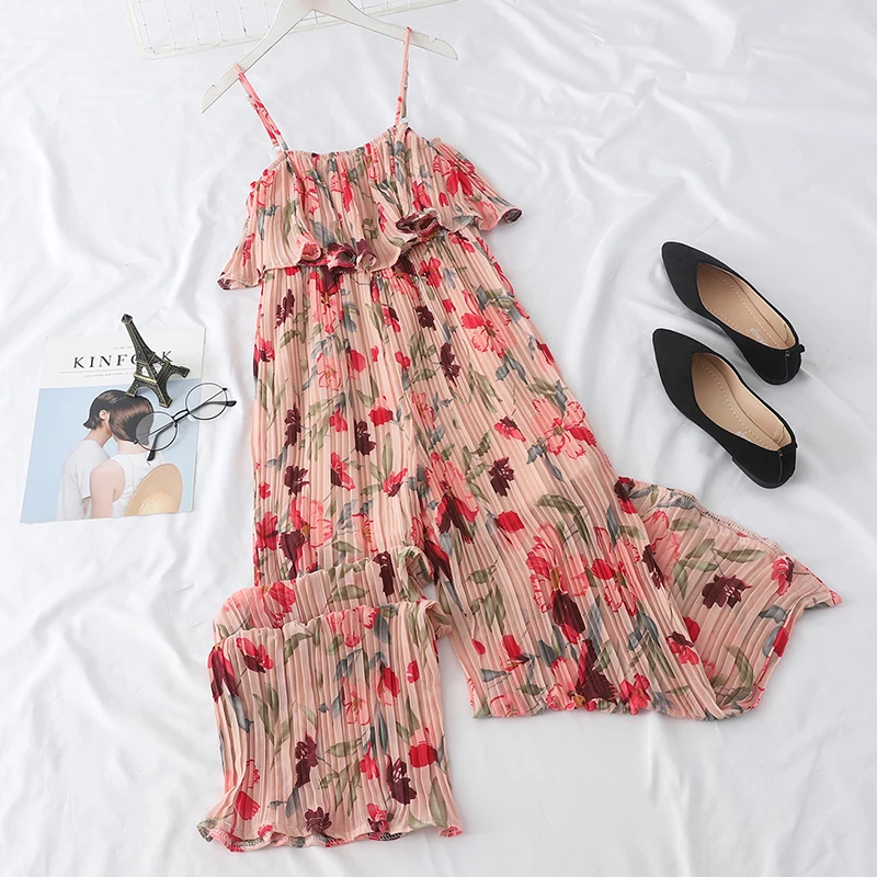 

women chiffon flower pink pleated jumpsuits elastic waist ruffles sleeveless backless rompers female solid chic playsuits