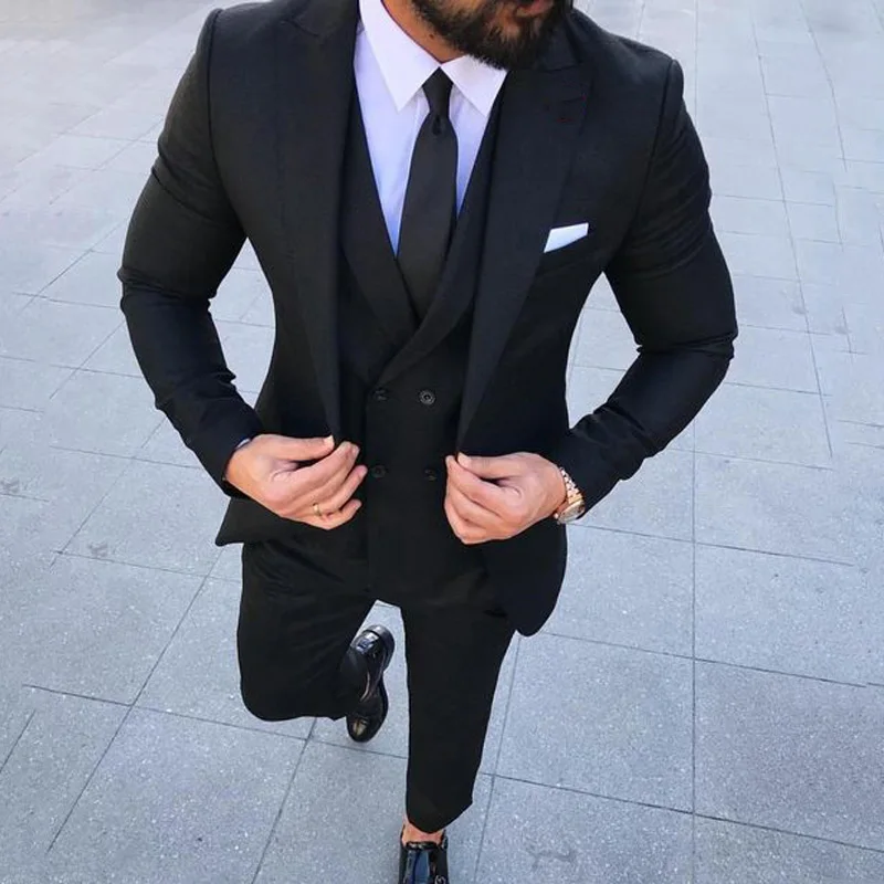 

Black Men Suits for Wedding Grey Vest Groom Tuxedos Slim Fit Terno Masculino 3Piece Man Blazers Peaked Lapel Costume Homme