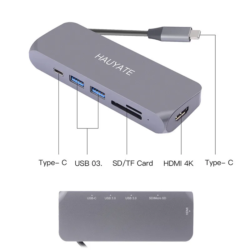 

TYPE-C TO HDMI+PD+SD+TF+USB3.0 Support SD/Micros SD Card Reader To Read Simultaneously USB C Port Charging Supports 60 Watts