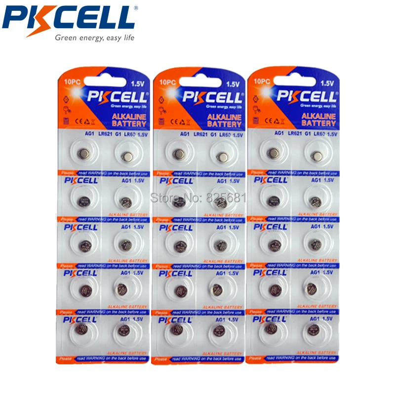 

PKCELL 30Pcs 3Card AG1 LR60 164 621 Alkaline Button Coin Cell Battery for watches toys electric devices