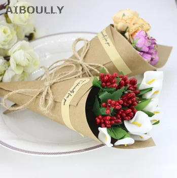 

50pcs/lot DIY Handmade Kraft Paper Candy Boxes with Rope Tag Flower Cones Holder Ice Cream Wedding Table Decor Party Gift Box