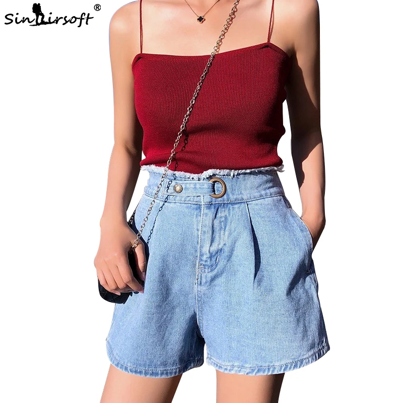 

Streetwear Summer Women Denim Shorts 2019 New Arrival High Elastic Waist Drawstring Wide Leg Shorts Jeans Blue Short Femme