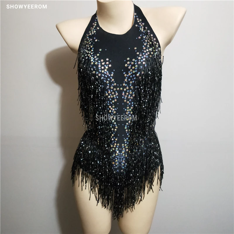 

Sparkly black Tassel Bodysuit Rhinestones Outfit Glisten Beads Costume One-piece Dance Wear Singer Stage Leotard Headdress