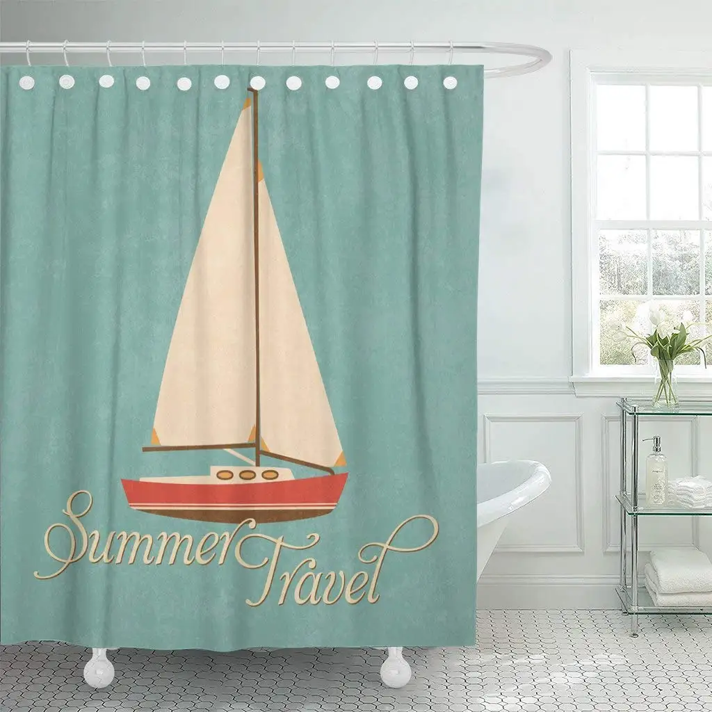Shower Curtain Brown Retro Summer Travel Design Sail Boat Red Ship