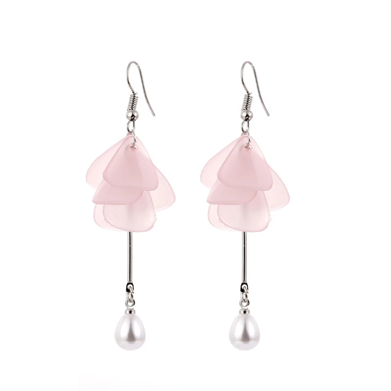 New Sweet Multilayer Petals Simulated Pearl Flower Drop Earrings For Women Jewelry Temperament Long Tassel Earring