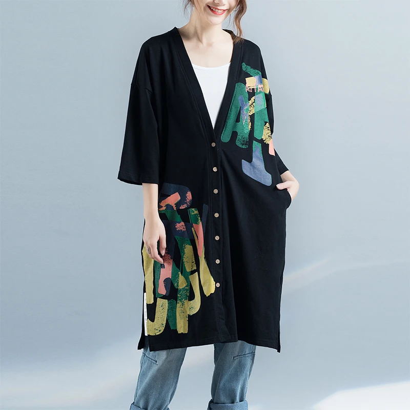 

2018 New Spring Summer Women Hoodies Jackets Retro Loose Seven Sleeves Printed Large Size Women's Long Sweatershirts Coat A154