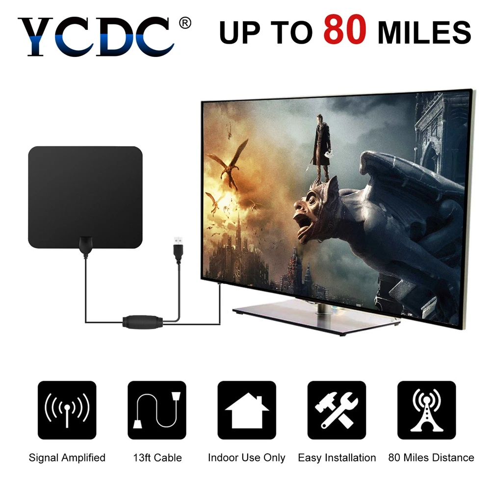 Усиленная Внутренняя HDTV антенна 80 миль диапазон цифрового ТВ Антенна Усилитель