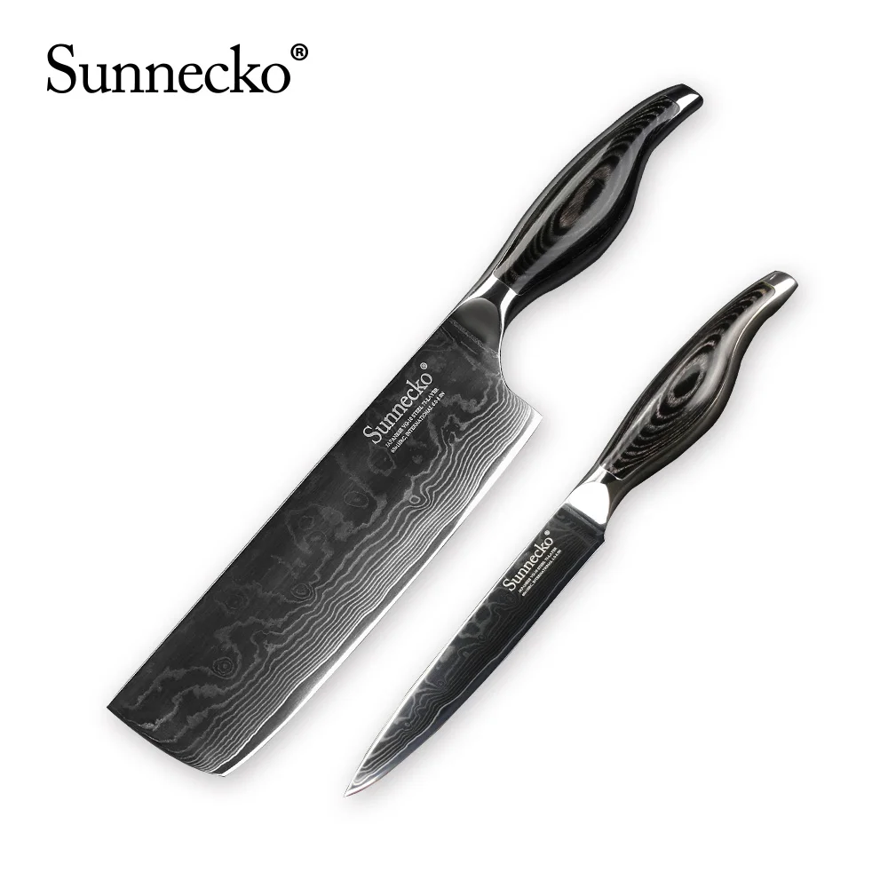 Sunnecko ножи из дамасской стали Комплекты повар шеф-повар мясо Тесак утилита Santoku для очистки овощей нож для нарезания Кухня Ножи набор с деревянными ручками - Цвет: 2pcs Knife Set A