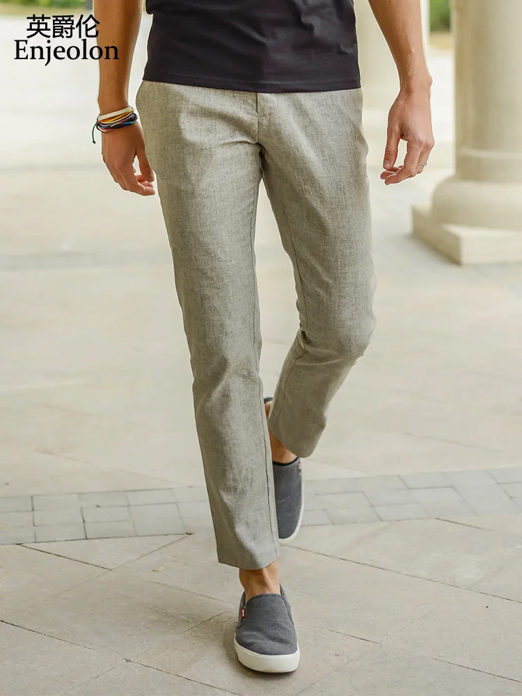 Enjeolon brand Ankle trousers Linen pants men top quality 2 color solid