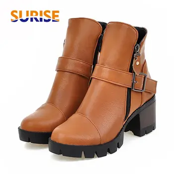 

Winter Women Platform Ankle Boots Squree Block High Heel Black Round Toe Buckle PU Leather Plush Lady Zipper Short Boots Size 43