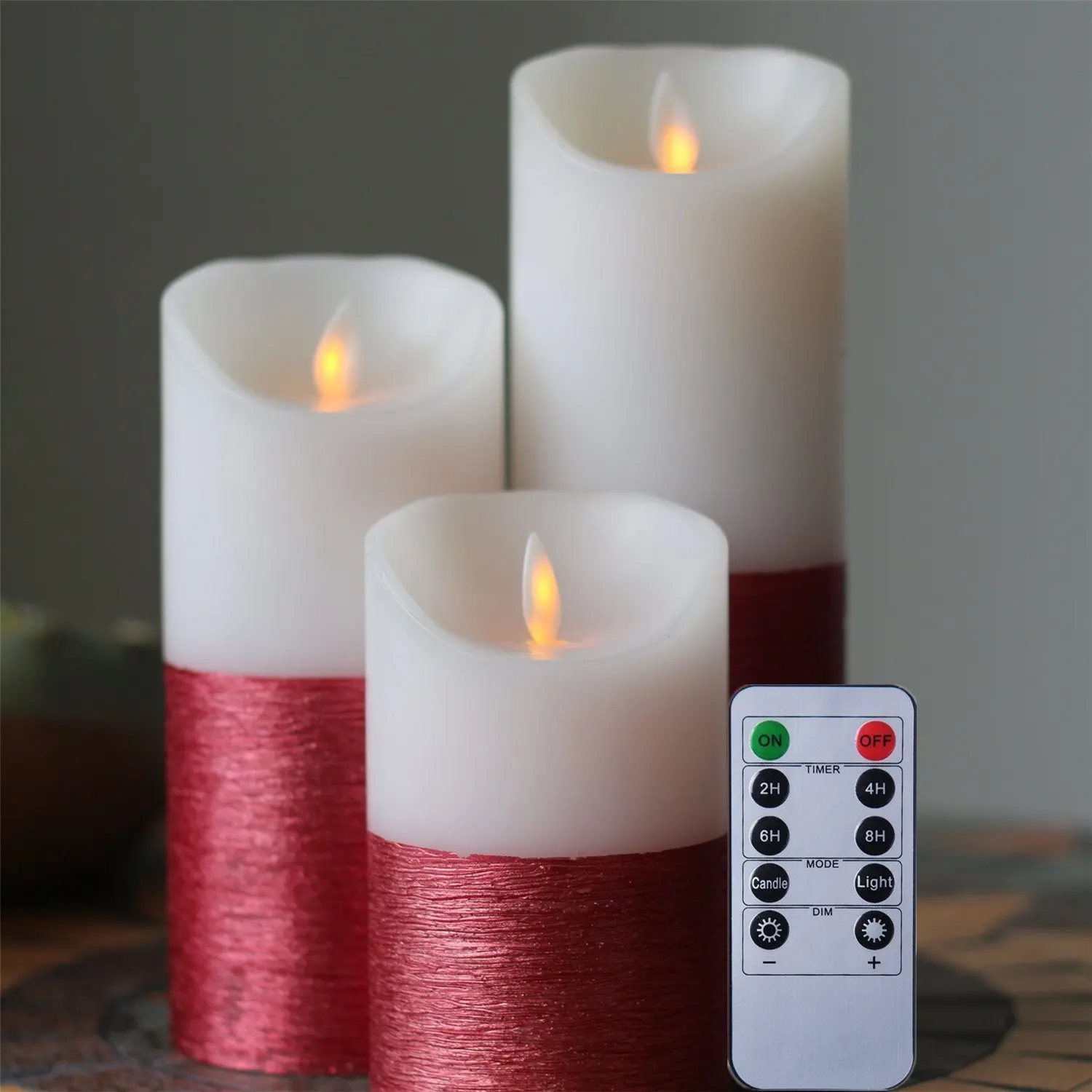Red Metallic Flameless Pillar LED Candle With 10 Key Remote and Timer