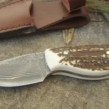 Дамасский стальной нож, Походный нож, портативные охотничьи ножи для выживания с кожаной оболочкой, фиксированный нож EDC