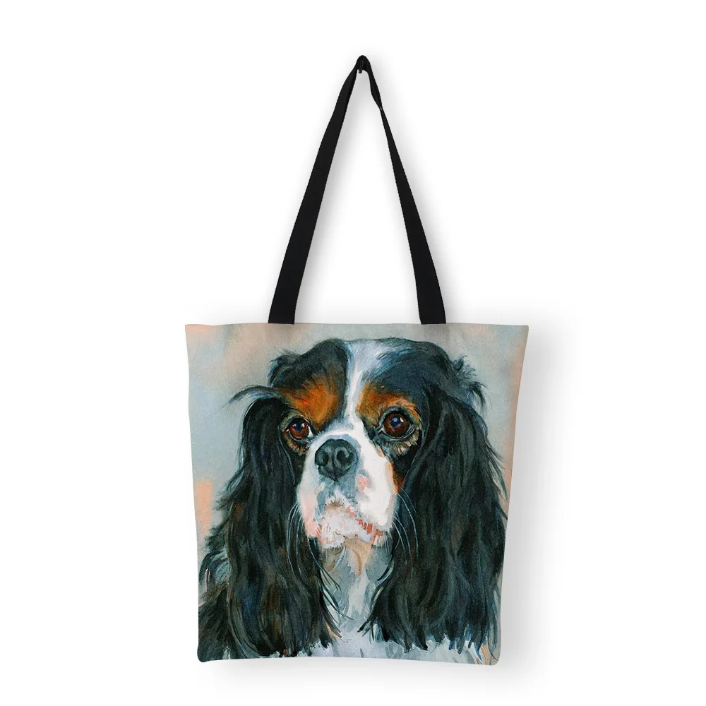 

Canvas Bags Custom Oil Painting Charles Spaniel Dog Prints Tote Bag Reusable Shopping Bag