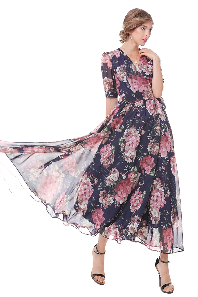 Осеннее винтажное женское платье с коротким рукавом и v-образным вырезом с высокой талией Vestidos длинное открытое шифоновое платье с разрезом Пляжное Платье макси с цветочным принтом