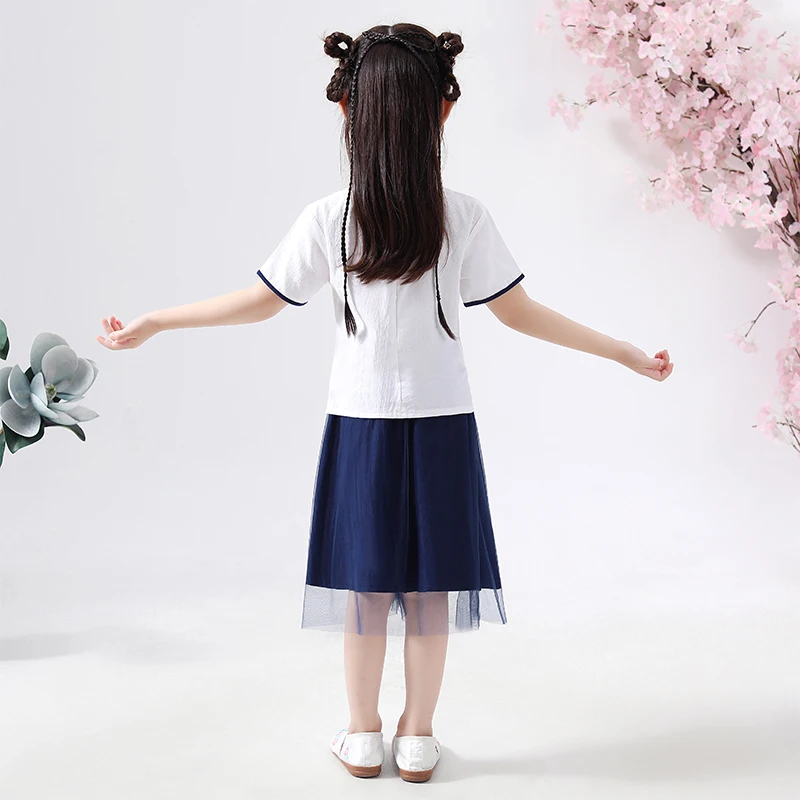 Hanfu/костюм для девочек; летнее платье в китайском стиле для детей; подиумный показ; одежда для сцены; Китайский народный танец; DQL1236