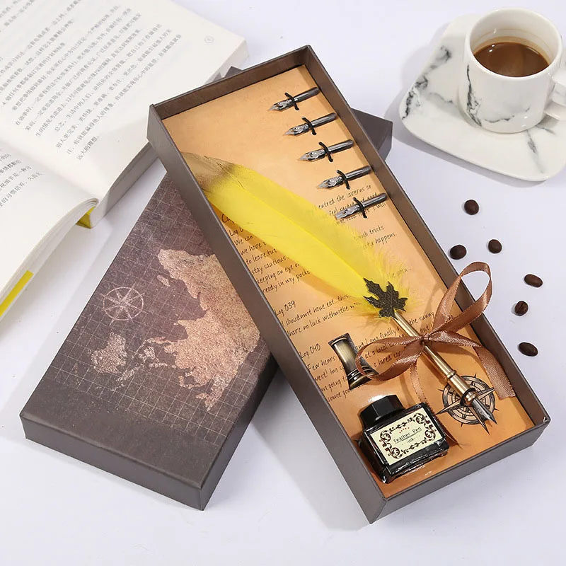 Цвет: желтый Dip ink Quill винтажная перьевая ручка креативный офисный бизнес подарок письмо каллиграфия ручка Роскошная металлическая авторучка Подарочная коробка набор - Цвет: Цвет: желтый