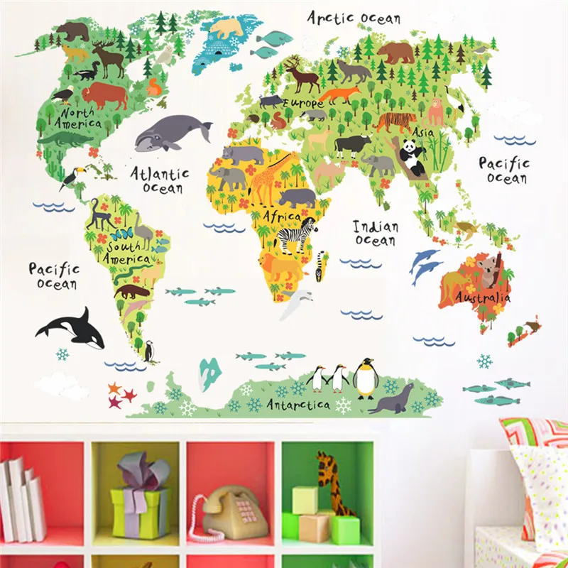 cartoon animals world map wall stickers for kids rooms office nursery home decor 037 diy wall decals poster mural art