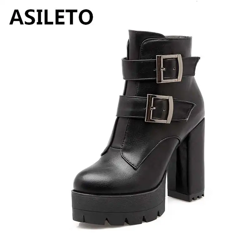 

ASILETO size 32-43 platform winter boots for women zipper round toe motocross boots gothic riding anklel booties buckle botas