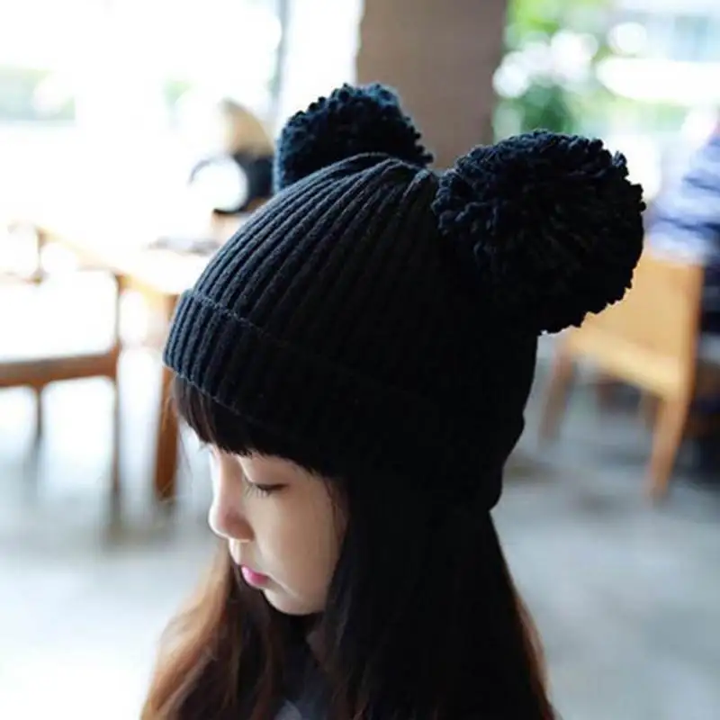 

Cute Baby Winter Hat Two Pompom Kids Knitted Wool Cap Solid Color Girl Boy Ear Warmer Beanie baby muts