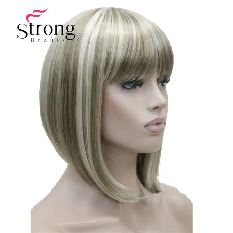 Strongbeauty Short Straight Blonde Highlighted Bob With Bangs