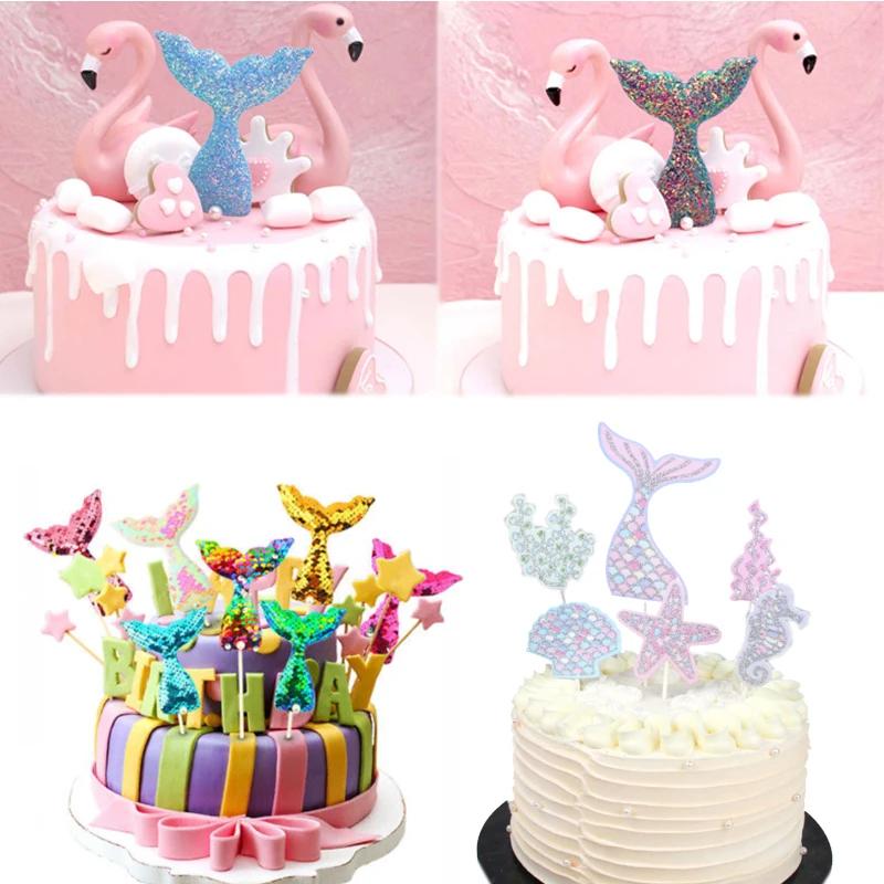 

1PC New Birthday Cake Toppers Cute Glisten Party Supplies Mermaid Theme Party Cupcake Decor Mermaid Tail Sequins Pearl Fashion