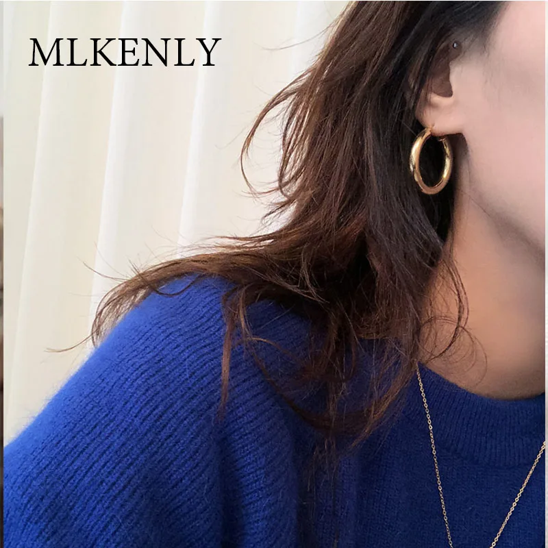 

MLKENLY 100% 925 Sterling Silver Gold Silver Hoops Earrings Minimalist Thick Tube Round Circle Rings Earrings For Women earrings