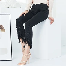 Брендовые обтягивающие женские брюки, модные женские джинсы с кисточками и бусинами с высокой талией, милые женские джинсы больших размеров, черные повседневные расклешенные брюки