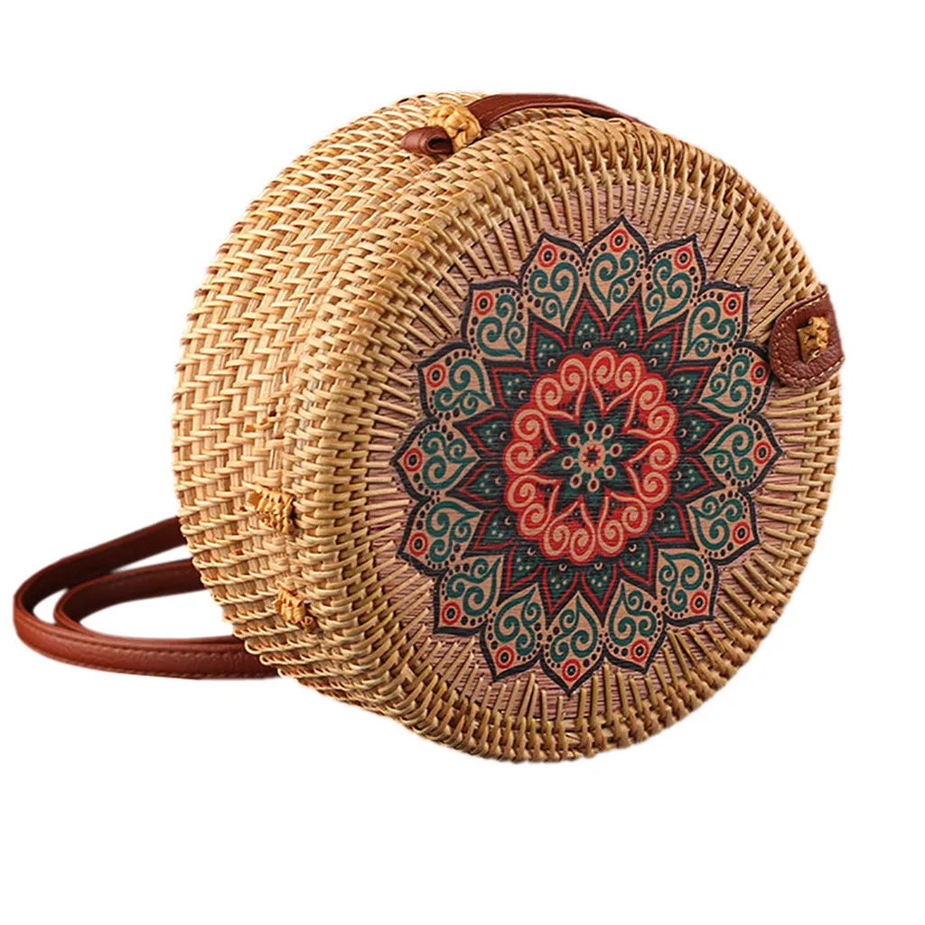 Женская пляжная сумка летняя большая сумка с молнией круг ручной работы БАЛИЙСКАЯ круглая Ретро ротанговая соломенная сумка через плечо# YL5