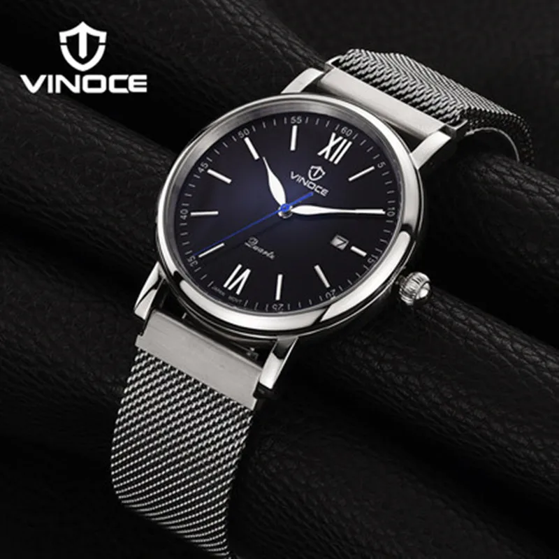 VINOCE casual fashion men font b mechanical b font watches sports waterproof stainless steel mesh bracelet