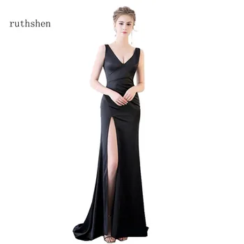 

ruthshen Luxury V Neck Evening Dresses 2018 Pleated Satin Prom Gowns Vestido De Festa Mermaid Party Dresses For Special Occasion