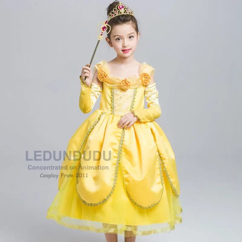 Hot Beauty and the Beast Cosplay Costume Girls Gorgeous Princess Dress Children Fancy Halloween Clothes Belle Princess Dress (3)