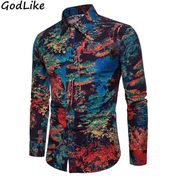 

New 2018 Fashion Casual Men Shirt Long Sleeve Europe Style Slim Fit Shirt Men High Quality Linen Floral Shirts Mens Clothes