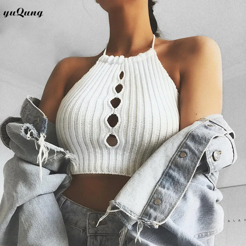 

yuqung hollow out Cami Crop Top Knit backless Camisole tank top Women Bralette Halter Neck Girls Cropped Tees Streetwear 2D88