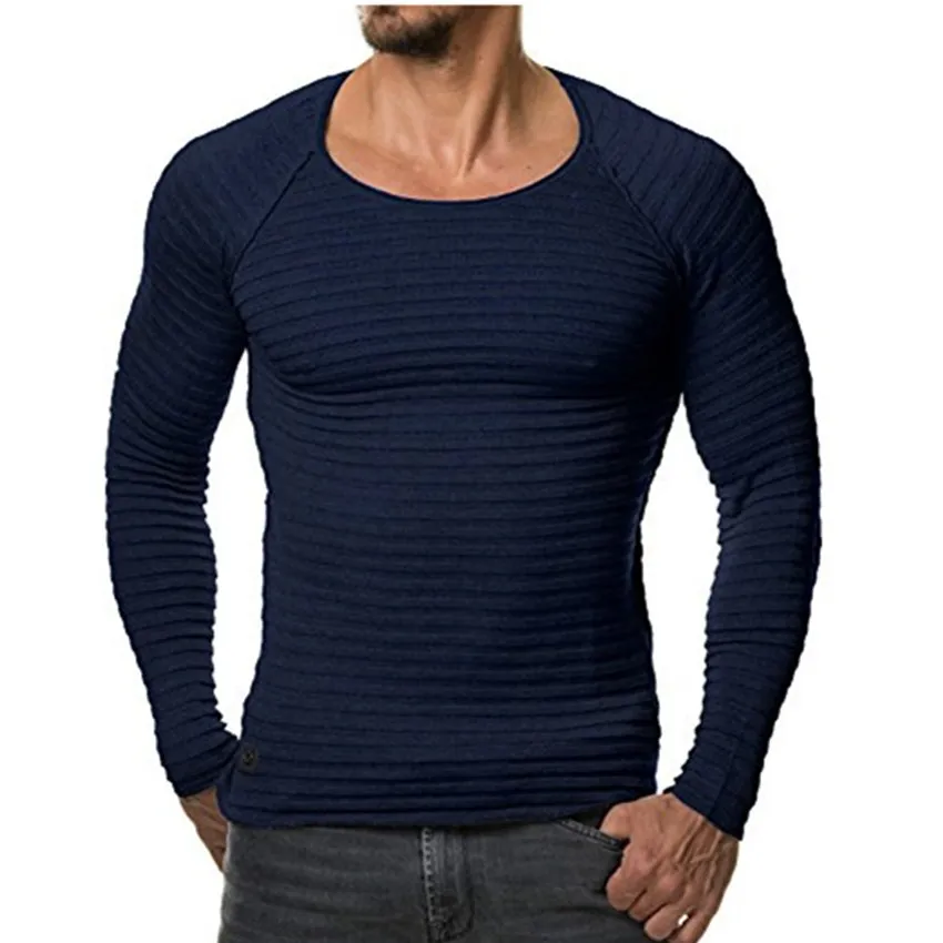 Трансграничной Горячие Для мужчин Полосатый сплошной Цвет с длинными рукавами Для мужчин свитера модные Повседневное высококачественный дышащий для мужчин свитер - Цвет: Navy blue