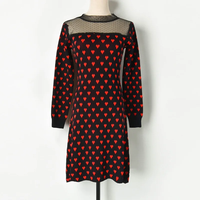 

Cute Mesh Patchwork Sweater Dress 2019 Fall Long Sleeve Red Heart Printed A Line Knitted Dress Women Sheer Knee-length Dress