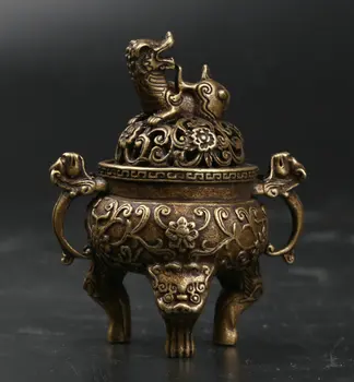 

64MM/2.5" Collect Curio Rare Chinese Fengshui Bronze Exquisite Qilin Kylin Censer Incense Burner Incensory Thurible Statue 79g