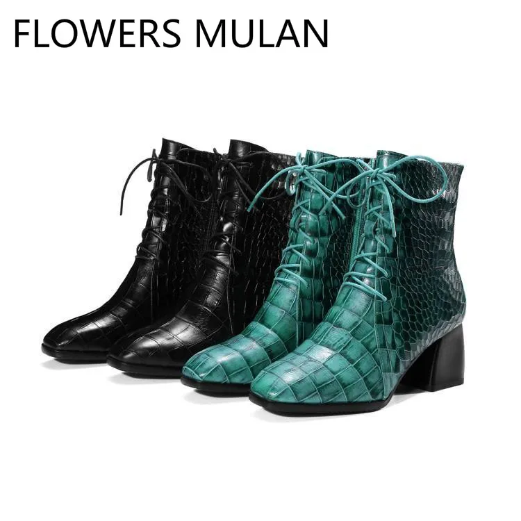 

Black Green Embrossed Crocodile Pattern Leather Ankle Boots For Women Square Toe Chunky Heel Cross Tied Winter Shoes Woman Botas