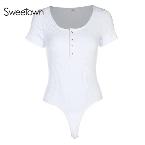 Sweetown, сексуальный черный боди с коротким рукавом, женский комбинезон на пуговицах, короткий белый боди Mujer,, лето, осень, Облегающий комбинезон - Цвет: white