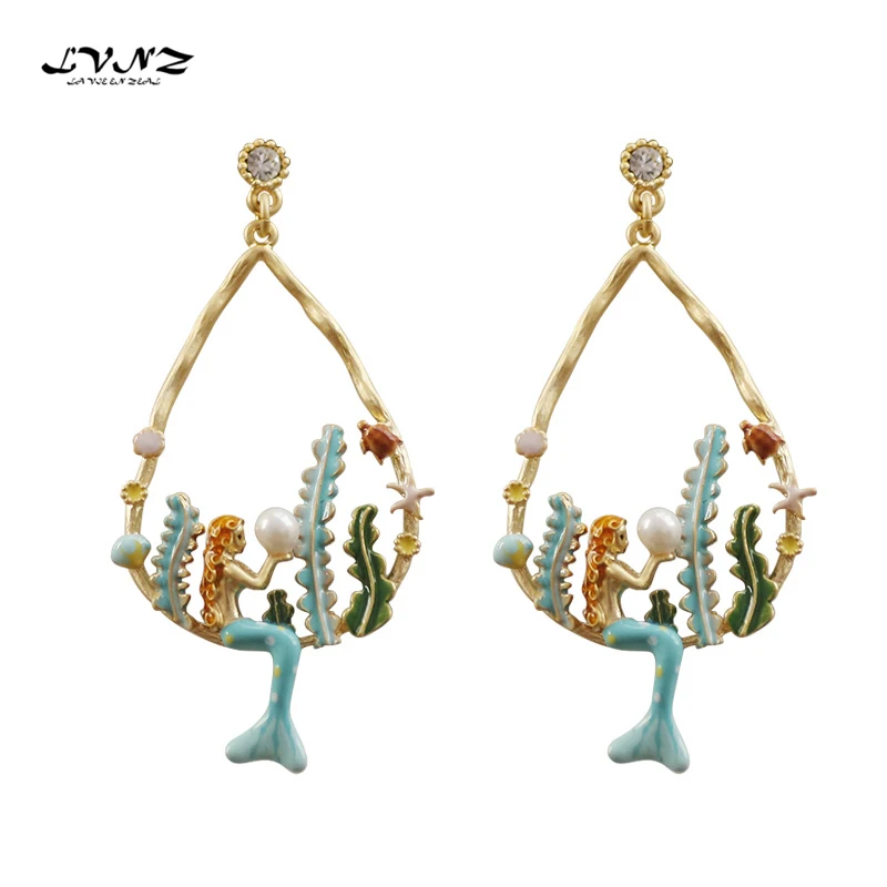 

LVNZ 2019 New Hot Fashion Mermaid Cubic Zirconia Copper Coral Cartoon Enamel Gift Drop Earrings For Women Long Jewelry 7064d