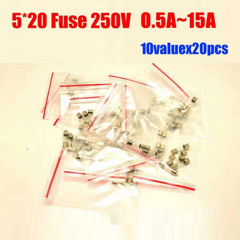 

10 ценностей x 20 шт. = 200 шт. 5x20 стеклянных фотоэлементов 5*20 250 в А-15 а комплект стеклянных предохранителей