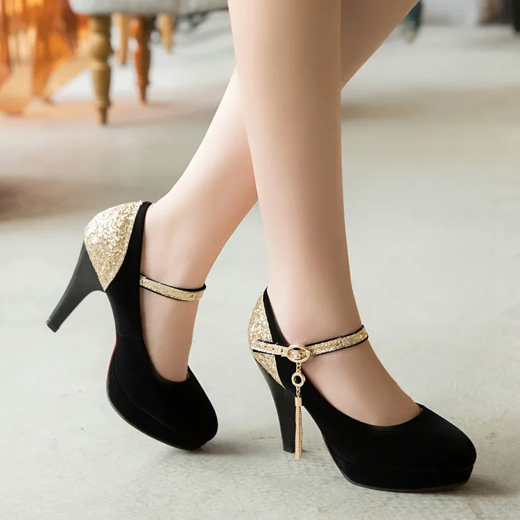 Sequined Mixed colors pumps women thin heel round toe wedding dancing shoes lady buckle strap red
