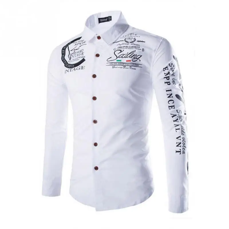 

Fashion Turn-down Collar Letters Printed Shirt Stylish Slim Long Sleeve Casual Shirt For Mens Camisa Masculina