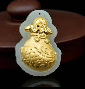 

Hetian jade white jade fish bag pendant female gold inlaid jade pendant gold pendantH84#